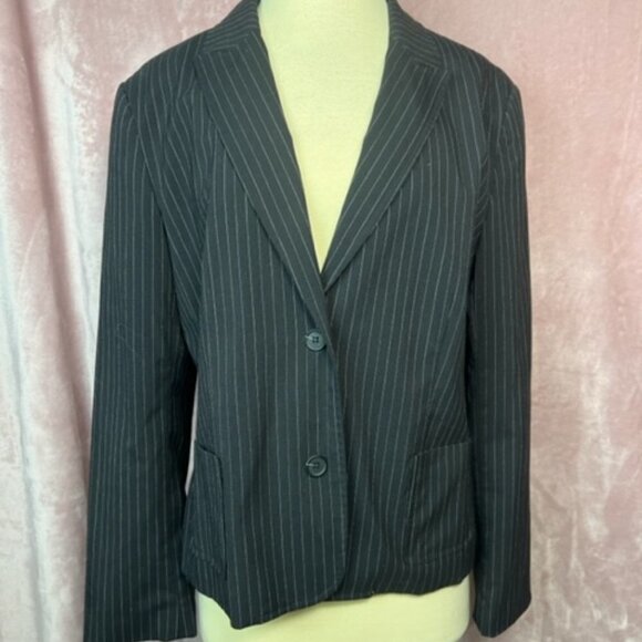 Liz Claiborne Villager Womens Black White Pin Striped Button Down Blazer Size 12 - Picture 1 of 7
